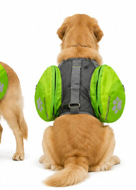 dog Saddlebag Backpack Harness Reflective Paw Print Green Gray Adjustable S/M